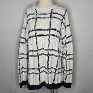 VTG Jacqueline Ferrar Fisherman Chunky Knit Sweater Ivory Navy Coastal Preppy L‎